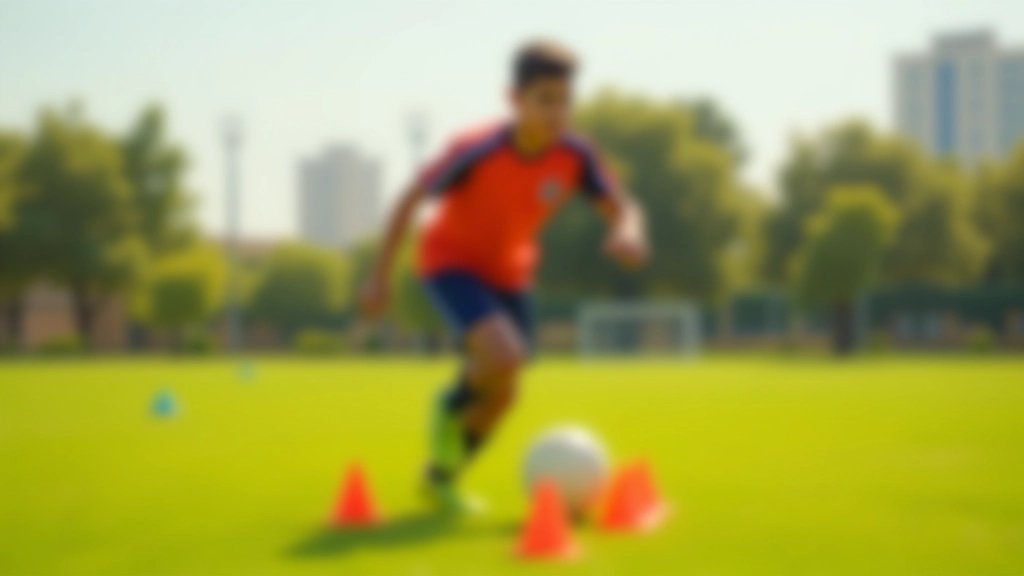 لاعب يمرر بسرعة عبر أقماع تدريب برتقالية في ملعب